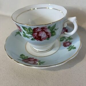 Colclough Bone China Tea Cup & Saucer Pink Roses Pale Blue Band Gold Trim